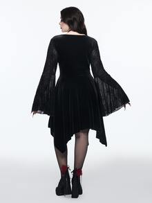 ROMWE Dark Gothic Style Plus Size Women's Dress With Spider Web Sheer Bell Sleeves And Asymmetrical Hem Halloween Party Dress - Black - View 3
