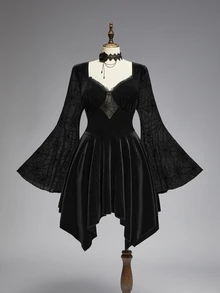 ROMWE Dark Gothic Style Plus Size Women's Dress With Spider Web Sheer Bell Sleeves And Asymmetrical Hem Halloween Party Dress - Black - View 14