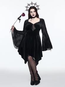 ROMWE Dark Gothic Style Plus Size Women's Dress With Spider Web Sheer Bell Sleeves And Asymmetrical Hem Halloween Party Dress - Black - View 6