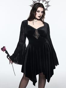 ROMWE Dark Gothic Style Plus Size Women's Dress With Spider Web Sheer Bell Sleeves And Asymmetrical Hem Halloween Party Dress - Black - View 8