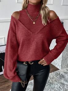 EMERY ROSE Women's Solid Color High Neck Long Sleeve Dropped Shoulder Casual Loose Knit Pullover Sweater - Burgundy - View 4