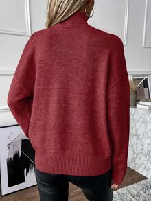 EMERY ROSE Women's Solid Color High Neck Long Sleeve Dropped Shoulder Casual Loose Knit Pullover Sweater - Burgundy - View 3