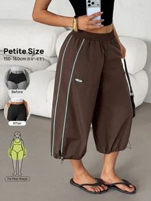 SHEIN PETITE Women's Colorblock Casual Versatile Daily Wear Capris - Coffee Brown - View 3