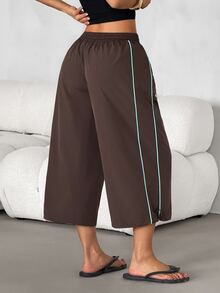 SHEIN PETITE Women's Colorblock Casual Versatile Daily Wear Capris - Coffee Brown - View 2