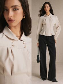 Poéselle Blus Wanita Warna Polos Kancing Ganda Lengan Panjang dengan Potongan Pinggang yang Pas - Aprikot - View 3