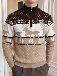 Marvello Homme 男士半拉鍊立領長袖套頭毛衣，馴鹿提花秋冬服飾，聖誕風秋冬咖啡色撞色時尚百搭雪花圖案長袖套頭毛衣 - 彩色 - 查看 6