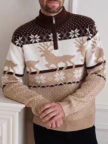 Marvello Homme 男士半拉鍊立領長袖套頭毛衣，馴鹿提花秋冬服飾，聖誕風秋冬咖啡色撞色時尚百搭雪花圖案長袖套頭毛衣 - 彩色 - 查看 5