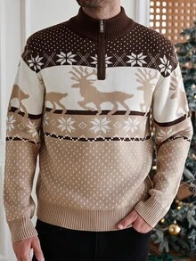 Marvello Homme 男士半拉鍊立領長袖套頭毛衣，馴鹿提花秋冬服飾，聖誕風秋冬咖啡色撞色時尚百搭雪花圖案長袖套頭毛衣 - 彩色 - 查看 3