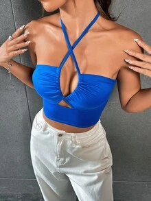BamGleam Top halter corto con abertura con tira cruzada delantera - Azul - Ver 3