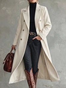 Struktiv Women's Autumn/Winter Fashion Long Solid Color H-Line Minimalist Double-Breasted Shoulder-Fit Wool Coat, Versatile For Date, Daily Commute, Party - Apricot - View 1