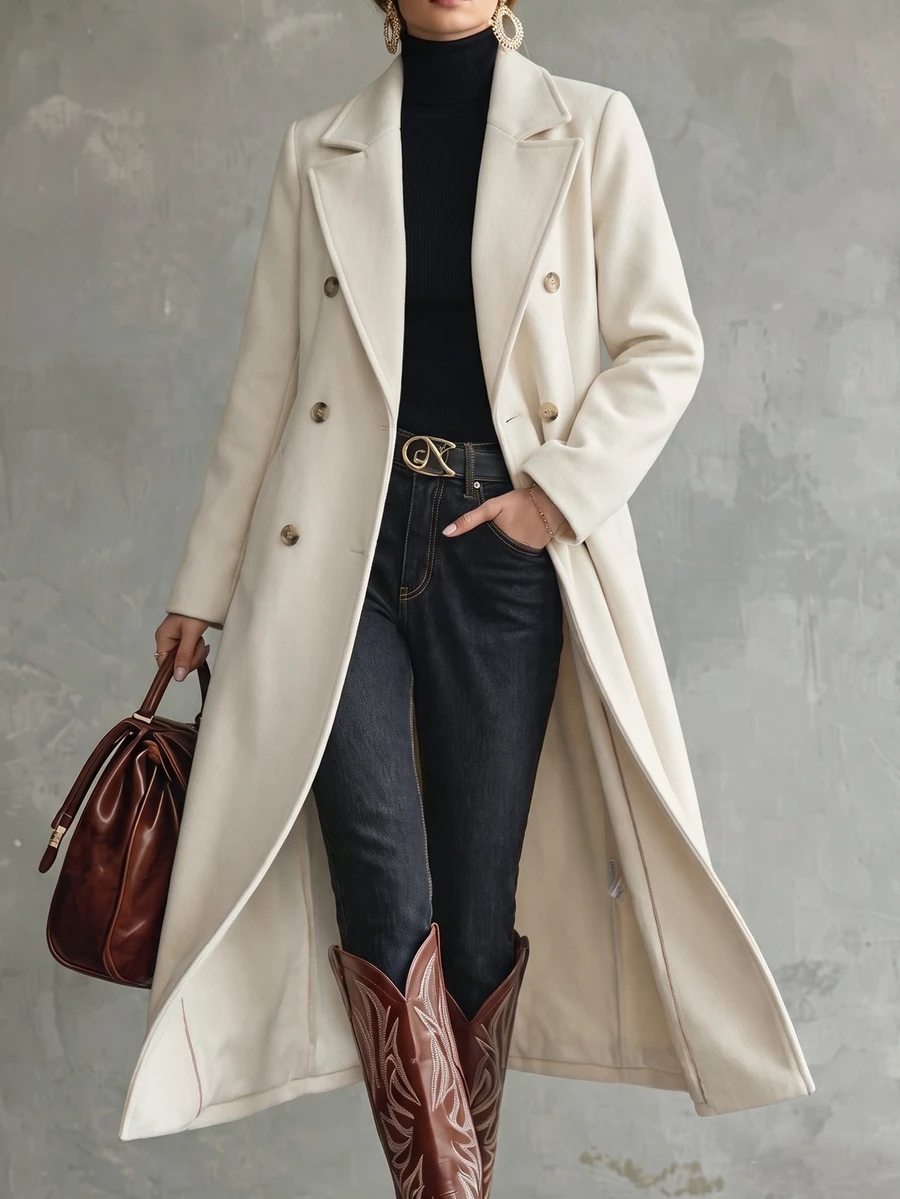 Struktiv Women's Autumn/Winter Fashion Long Solid Color H-Line Minimalist Double-Breasted Shoulder-Fit Wool Coat, Versatile For Date, Daily Commute, Party - Apricot - View 1