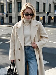 Struktiv Women's Autumn/Winter Fashion Long Solid Color H-Line Minimalist Double-Breasted Shoulder-Fit Wool Coat, Versatile For Date, Daily Commute, Party - Apricot - View 6