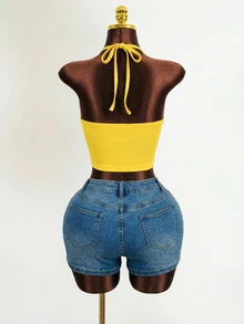 Zolique Women's Plain Color Halter Neck Tank Tops, Simple & Fashionable, Suitable For Summer Yellow Crop Top - Yellow - View 3