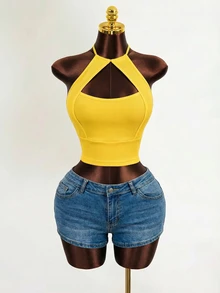 Zolique Women's Plain Color Halter Neck Tank Tops, Simple & Fashionable, Suitable For Summer Yellow Crop Top - Yellow - View 4