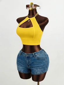 Zolique Women's Plain Color Halter Neck Tank Tops, Simple & Fashionable, Suitable For Summer Yellow Crop Top - Yellow - View 6