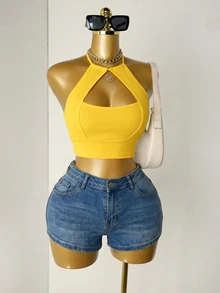 Zolique Women's Plain Color Halter Neck Tank Tops, Simple & Fashionable, Suitable For Summer Yellow Crop Top - Yellow - View 2