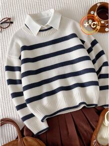 Comfortcana Plus Size Autumn/Winter Round Neck Vintage Collegiate Navy Blue Striped Pullover Sweater - Navy Blue - View 6