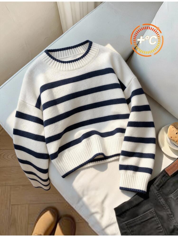 Comfortcana 大尺碼秋冬圓領復古學院風海軍藍條紋套頭毛衣 - 藏蓝色 - 查看 6