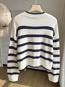 Comfortcana Plus Size Autumn/Winter Round Neck Vintage Collegiate Navy Blue Striped Pullover Sweater - Navy Blue - View 5
