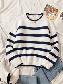 Comfortcana Plus Size Autumn/Winter Round Neck Vintage Collegiate Navy Blue Striped Pullover Sweater - Navy Blue - View 4
