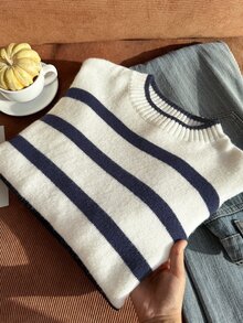 Comfortcana Plus Size Autumn/Winter Round Neck Vintage Collegiate Navy Blue Striped Pullover Sweater - Navy Blue - View 3