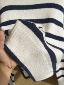 Comfortcana Plus Size Autumn/Winter Round Neck Vintage Collegiate Navy Blue Striped Pullover Sweater - Navy Blue - View 2