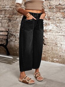 Women's Loose Casual Versatile Denim Jeans With Pocket Design - Black - View 5