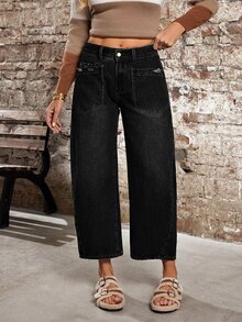 Women's Loose Casual Versatile Denim Jeans With Pocket Design - Black - View 8