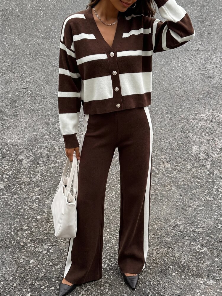 SHEIN Women Button Front Striped Stripes Long Sleeve Brown And White Cardigan And Knit Pants Set - Brown - View 1