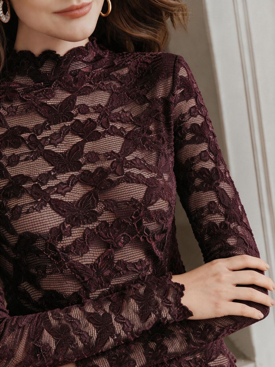 Women's Sexy Burgundy Velvet Burnout Long Sleeve Top, Elegant Stand Collar Slim Fit Fall Winter Base Layer For Date Night Out