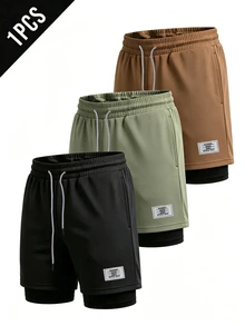 Acti Log Men's Letter Patched Drawstring Waist Double Layer Sports Shorts, Gym - Black - View 1