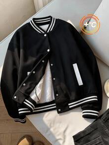 Comfortcana Plus Size Colorblock Striped Classic Baseball Jacket - Black - View 8