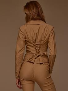 MUSERA Lapel Collared Plunge Button Front Cinched Lace Up Back Coord Blazer Jacket Fall Winter Cute Office Business Daily Butter Tailoring Camel Casual - Khaki - View 2