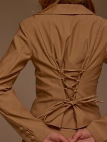 MUSERA Lapel Collared Plunge Button Front Cinched Lace Up Back Coord Blazer Jacket Fall Winter Cute Office Business Daily Butter Tailoring Camel Casual - Khaki - View 5