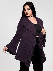 ROMWE Goth 大尺碼女款哥德風紫色荷葉領喇叭袖針織開襟衫 - 紫色 - 查看 8