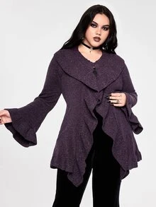 ROMWE Goth 大尺碼女款哥德風紫色荷葉領喇叭袖針織開襟衫 - 紫色 - 查看 5