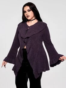 ROMWE Goth 大尺碼女款哥德風紫色荷葉領喇叭袖針織開襟衫 - 紫色 - 查看 4