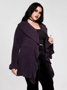 ROMWE Goth 大尺碼女款哥德風紫色荷葉領喇叭袖針織開襟衫 - 紫色 - 查看 9