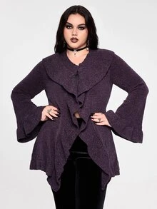 ROMWE Goth 大尺碼女款哥德風紫色荷葉領喇叭袖針織開襟衫 - 紫色 - 查看 1