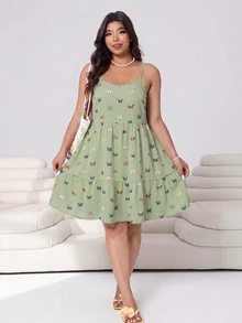 SHEIN EZwear 蝴蝶印花休閒大尺碼女款洋裝 - 橄欖綠 - 查看 3
