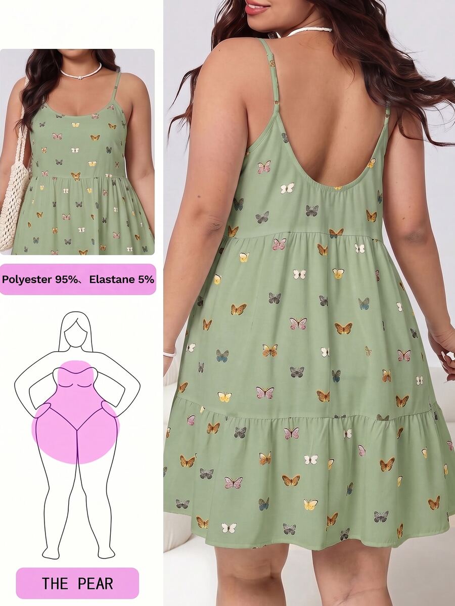 SHEIN EZwear 蝴蝶印花休閒大尺碼女款洋裝 - 橄欖綠 - 查看 1