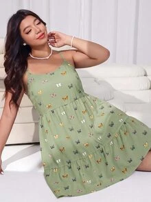 SHEIN EZwear 蝴蝶印花休閒大尺碼女款洋裝 - 橄欖綠 - 查看 2