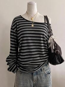 SHEIN 青少年女孩條紋印花不對稱領口落肩秋季運動衫 - 彩色 - 查看 5