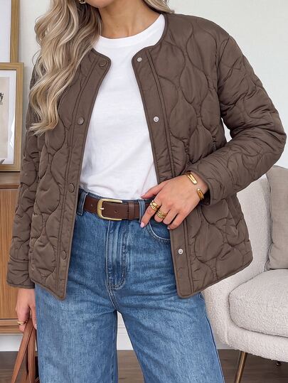 SHEIN LUNE Women's Casual Autumn/Winter Commute Daily Basic Fashion Outwear Padded Coat Daily Wear Office Outing Work Dark Brown