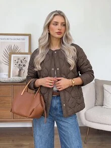 SHEIN LUNE Women's Casual Autumn/Winter Commute Daily Basic Fashion Outwear Padded Coat Daily Wear Office Outing Work Dark Brown - Brown - View 4