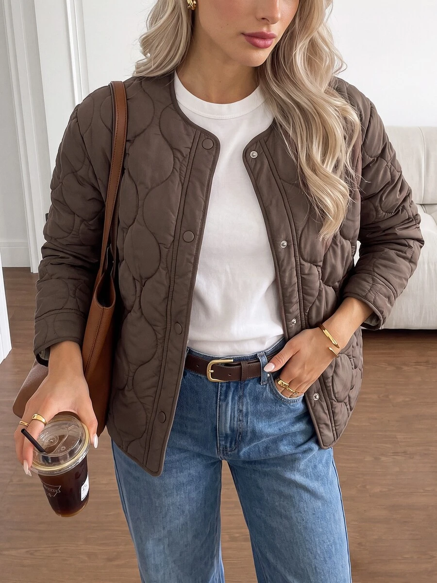 SHEIN LUNE Women's Casual Autumn/Winter Commute Daily Basic Fashion Outwear Padded Coat Daily Wear Office Outing Work Dark Brown