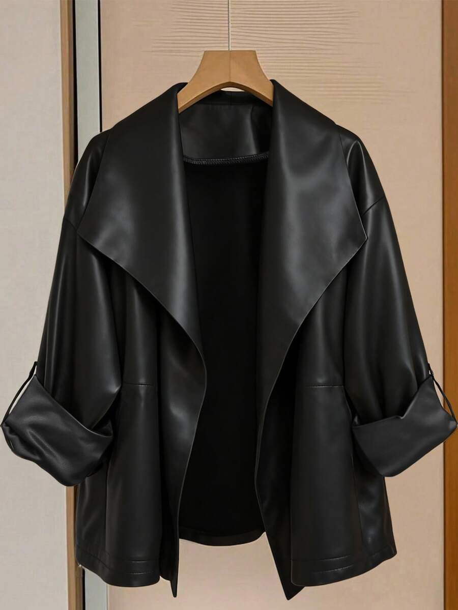 GlowEve CURVE Plus Size Women's Casual Fashion Versatile Jacket Coat With Button Sleeves That Can Be Rolled Down To Long Sleeves, With Pockets Winter - Black - View 1