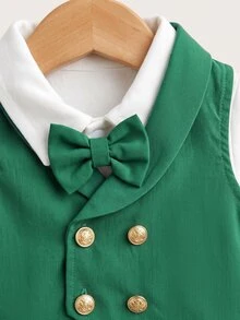 SHEIN 新生兒可愛綠色背心彈性腰長褲襯衫三件套，學院風嬰兒聖誕套裝，聖誕紳士小西裝 - 綠色 - 查看 4