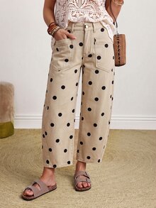 SHEIN PETITE 女款韓式波點印花鈕扣口袋牛仔褲 - 米色 - 查看 7