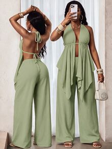 BamGlimmer Sage Green Summer Casual Sexy Tropical Holiday Vacation 100 Cotton Bohemian V-Neck Halter Tie Backless Ruched Flowy Top Elastic Waist Pants Set Beach - Green - View 3